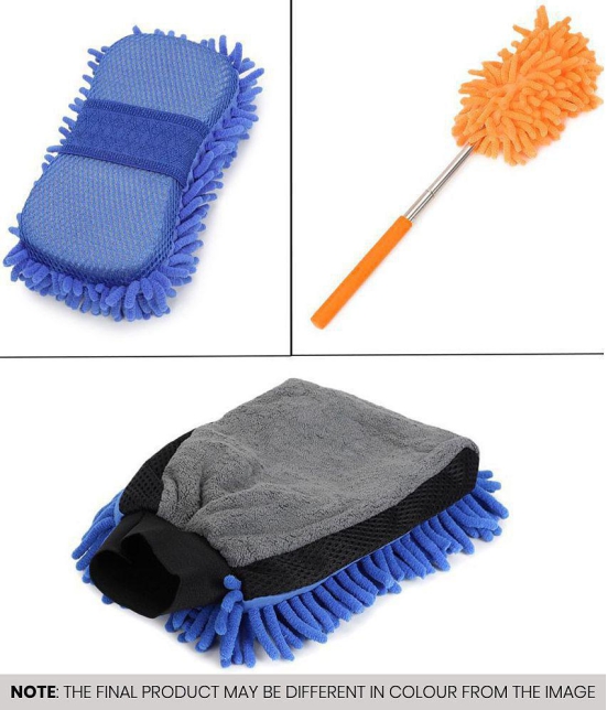 HOMETALES - Car Cleaning Combo Of Dual Sided Microfiber Gloves , Sponge And Mini Extendable Duster for car accessories( Pack Of 3 )