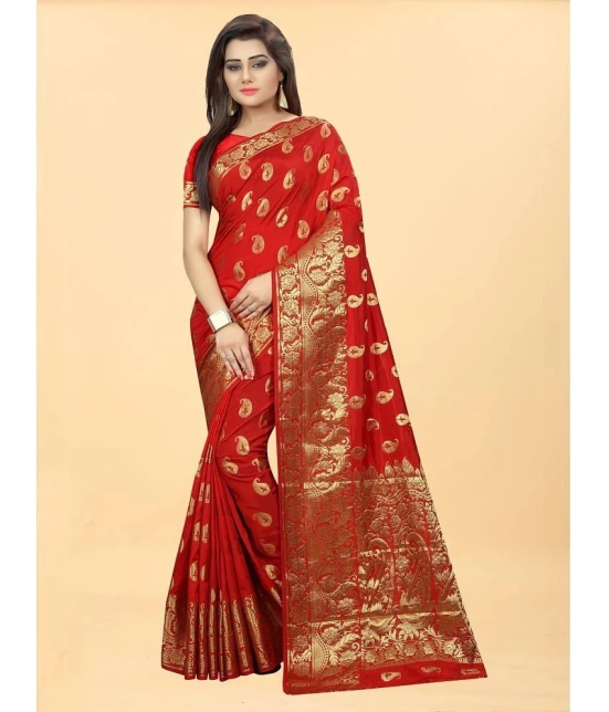 Gazal Fashions - Red Banarasi Silk Saree With Blouse Piece ( Pack of 1 ) - Red