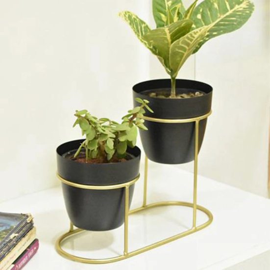 Double Pot Metallic Desk Planter-Black