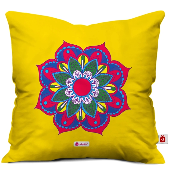 Indigifts Dipawali Gift Items Boho-Hippie Floral Mandala Print Yellow Cushion Cover 18x18 inches - Diwali Gift Items, Diwali Decoration Items, Deepavali Decoration, Dipawli Gifts, Deepawali Greetings