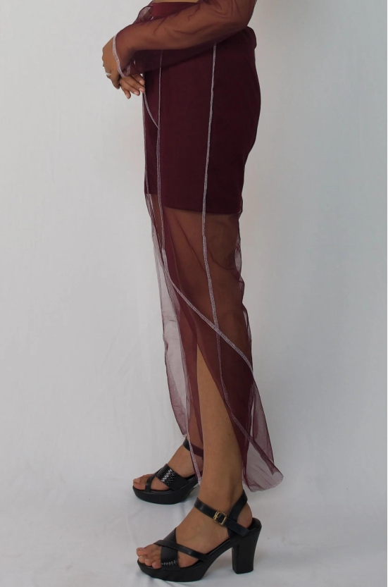 Overlocked mesh pants-Maroon / XXS