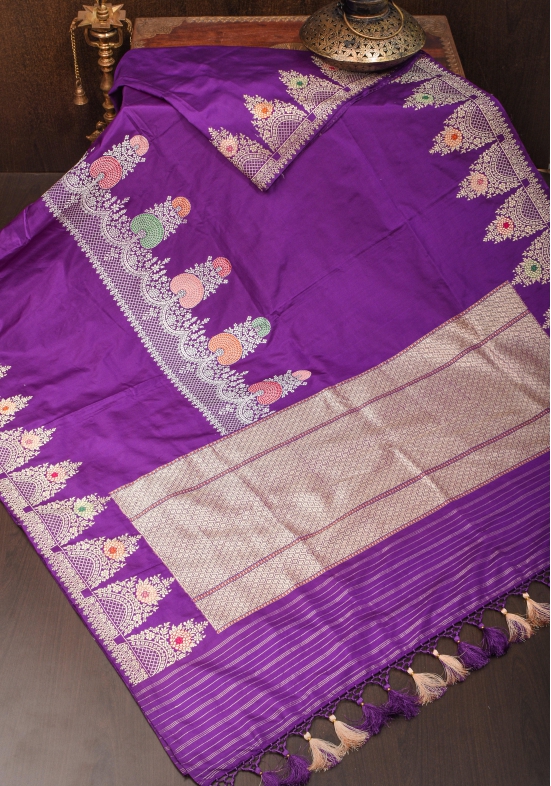 Purple Royal Meenakari Curvilinear Panel Banarasi Katan Silk Saree  | SILK MARK CERTIFIED