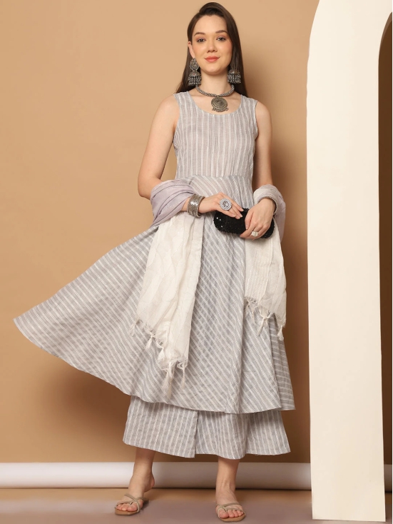 Women Grey Woven Design Flared Kurta with Palazzos & With Dupatta-L / Gray