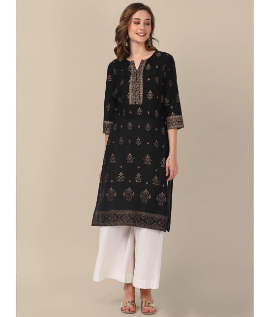 Rangita Women 100% Cotton Black Gold Printed Knee Length Straight Kurti - None