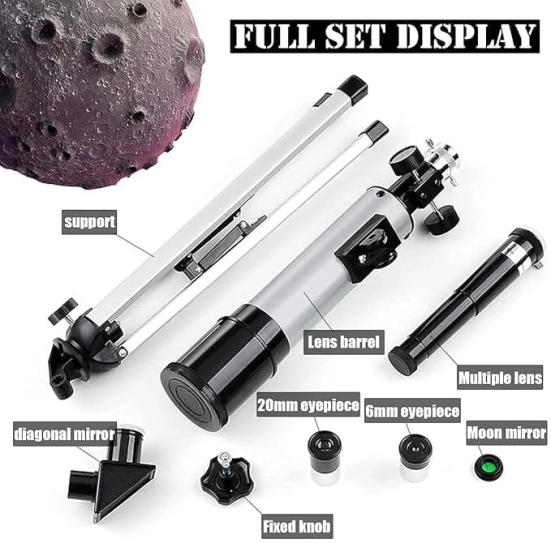 BASE 50 Telescope, 20x to 60x Zoom, 50mm Aperture, 3x Barlow Lens, 2 Eyepieces, Smartphone Adapter, Moon Filter, Compass, Aluminum Tripod