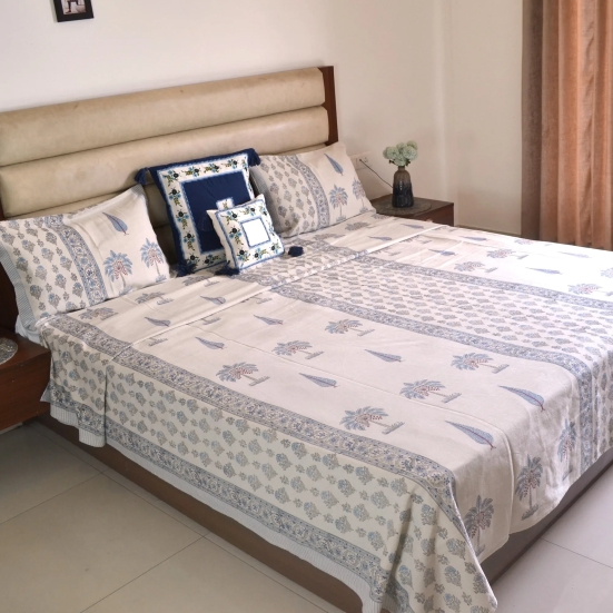 Palm  Blockprinted Cotton Bedcover- Blue