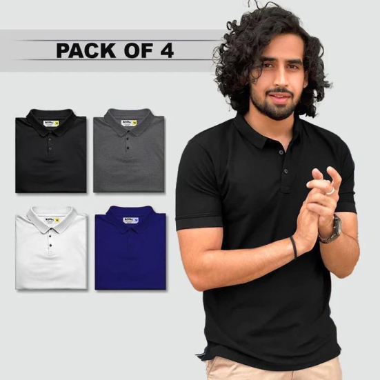 Poly Matte Assorted Solid Half Sleeves Mens Polo T-Shirt Pack Of 4-XL