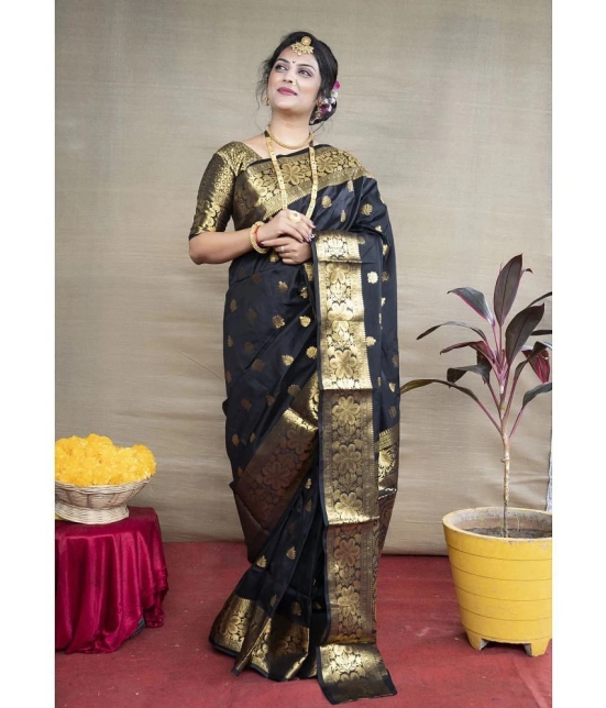 OFLINE SELCTION Banarasi Silk Woven Saree With Blouse Piece - Black ( Pack of 1 ) - Black