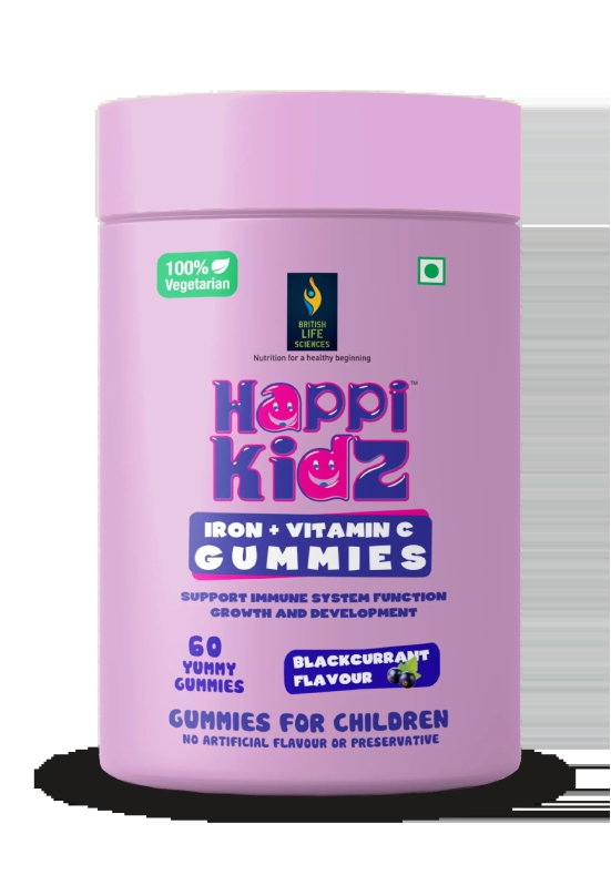 Happi Kidz Nutrition For A Healthy Beginning Happi Kidz Iron + Vitamin C Gummies For Kids-(60 Gummy Bears) -Supports Immune System Function, Blackcurrent Flavor