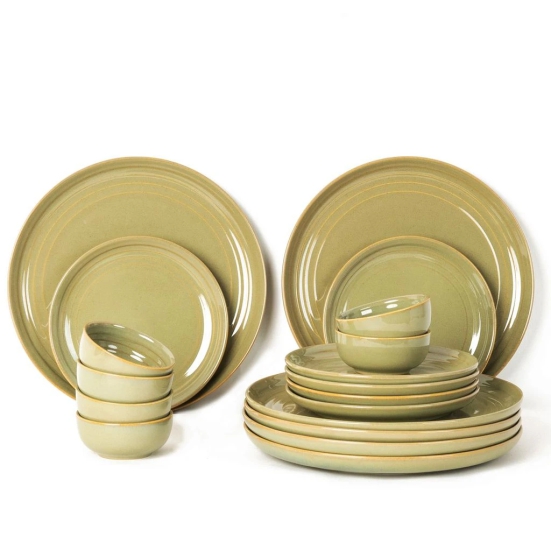 Handcrafted Chip Resistance Porcelain Dinner Set, 18 Pieces Dish Set Serving for 6, Microwave and Dishwasher Safe, Bone-ash Free, Crockery Set for Dining and Gifting, Olive Green