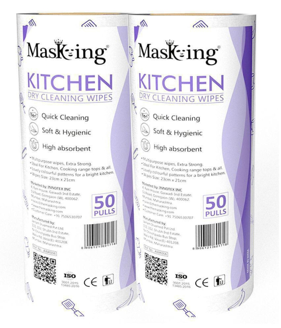 Masking Non-Woven Reusable & Washable Multi Surface Cleaner Wipes Kitchen Dry Roll 23 x 21cm, 100 pulls 358 g Pack of 2