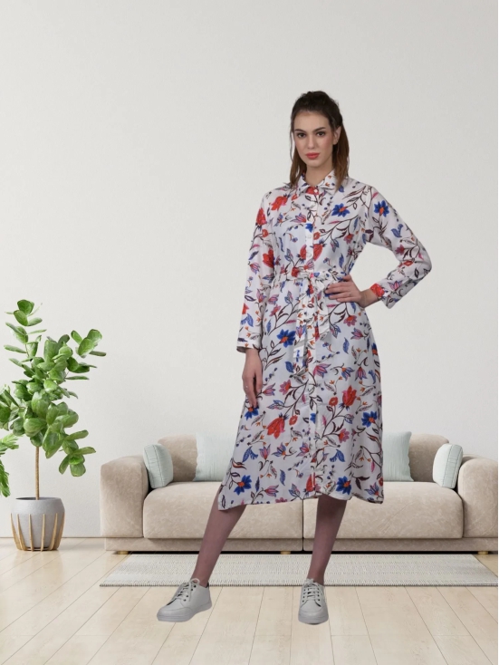 Cotton long shirt style dress for women dresses party wear collor neck Off White Floral Print Flared Long Dress with  Belt (OTLDRS1001)-White / XL