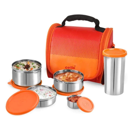 Cello Stainless Steel Matiz Max Fresh Lunch Box Combo | 5 Containers Orange