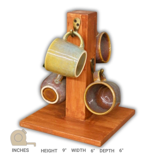 BARISH - Mug Holder (4 Mugs) | Table Top Wooden Cup Holder with 4 Hooks | Handcrafted with Rubberwood | Stand for Coffee Mugs