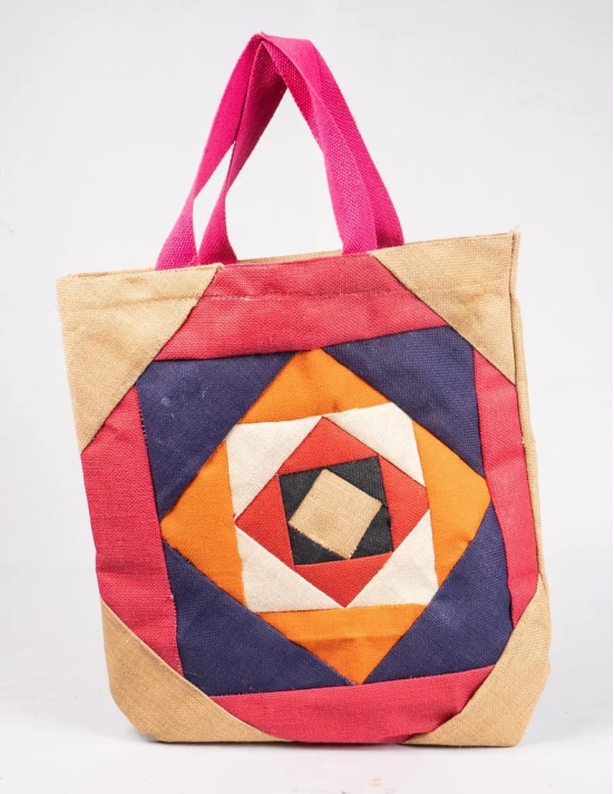 Handmade Patchwork Jute Tote Bag with Pink Handles