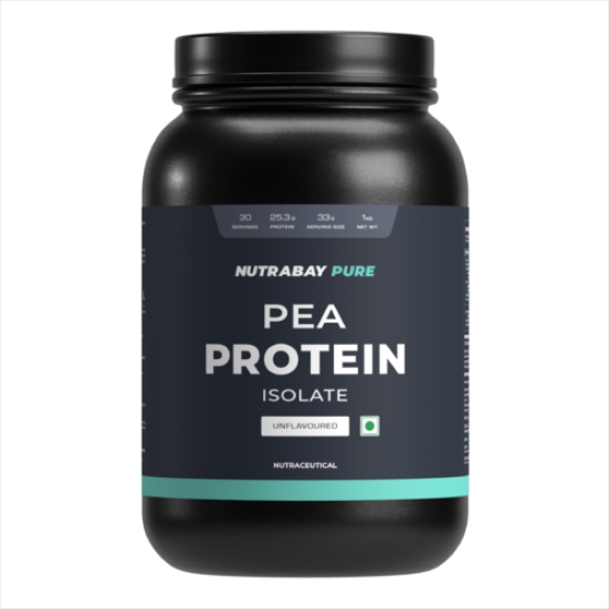 Nutrabay Pure Pea Protein Isolate - 25.3g Protein, 5g BCAA Vegan Plant Protein for Muscle Growth & Recovery - 1 Kg Unflavoured