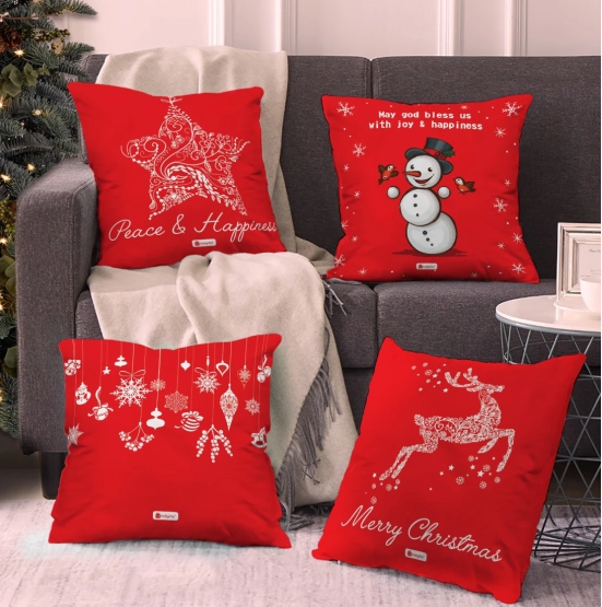 Indigifts Merry Christmas Cushion Covers for Decor (16x16 Inches; Red) -Set of 4