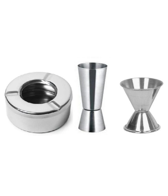 Dynore Set of 3- Stainless Steel 1 Lid ash tray and 2 peg measure - Silver