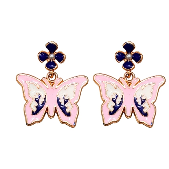 Pink Butterfly Earrings with Flower Studs