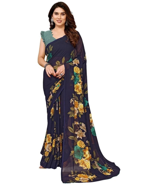 Anand Georgette Printed Saree With Blouse Piece - Navy Blue ( Pack of 1 ) - Navy Blue