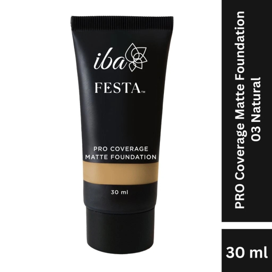 Iba Festa PRO Coverage Matte Foundation - 03 Natural, 30ml | Long Lasting | Lightweight l Oil Free & Matte Finish | 100% Natural Vegan & Cruelty-Free