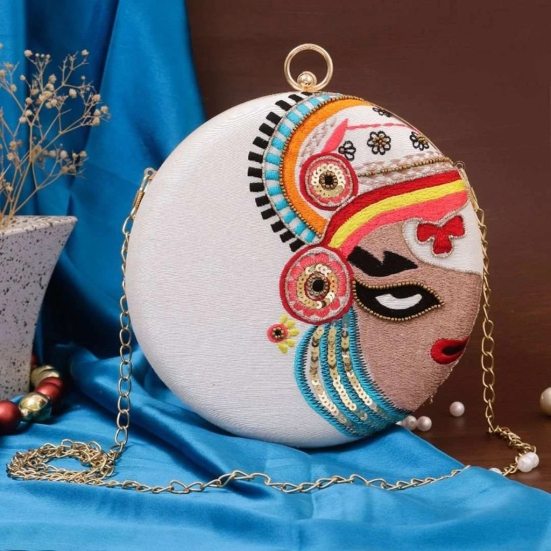 Embellished Cream With Multi Color Round Shape Hand Clutch Cum Sling Hanging Bag