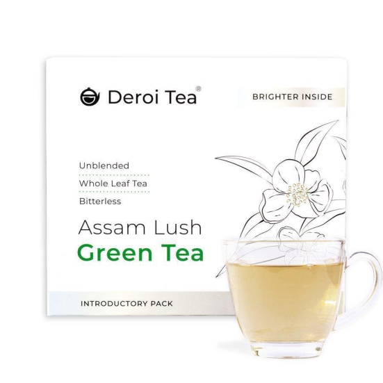 DEROI TEA Assam Lush Green Tea | CARBON-FREE DRIED TEA | 100% Natural Whole Leaf | Assam Tea | 1Bud & 2 Leaves| BITTERLESS | Antioxidant Rich - 100 gm - 100 gm - 100 gms Whole Leaf Green Tea - 60 Cups