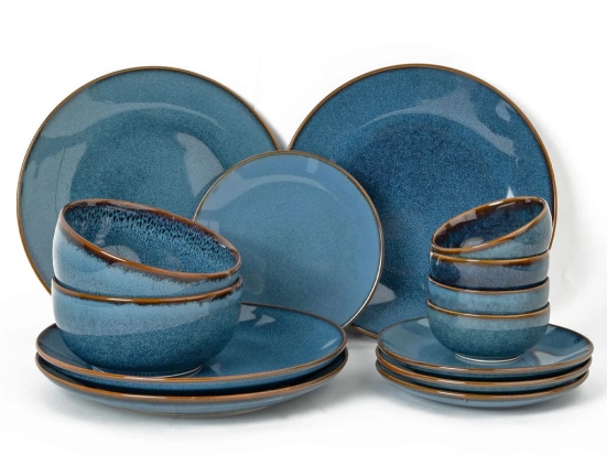 Handcrafted Stoneware Reactive Glaze Ceramic Dinner Set, 14 Pieces Serving for 4, Microwave and Dishwasher Safe, Bone-ash Free, Crockery Set for Dining and Gifting, Greenish Blue