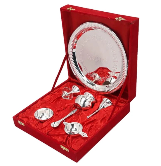 Pooja Thali Set silver plated of 7 Pcs with Velvet Gift Box Packing for Poojan Purpose Home Temple