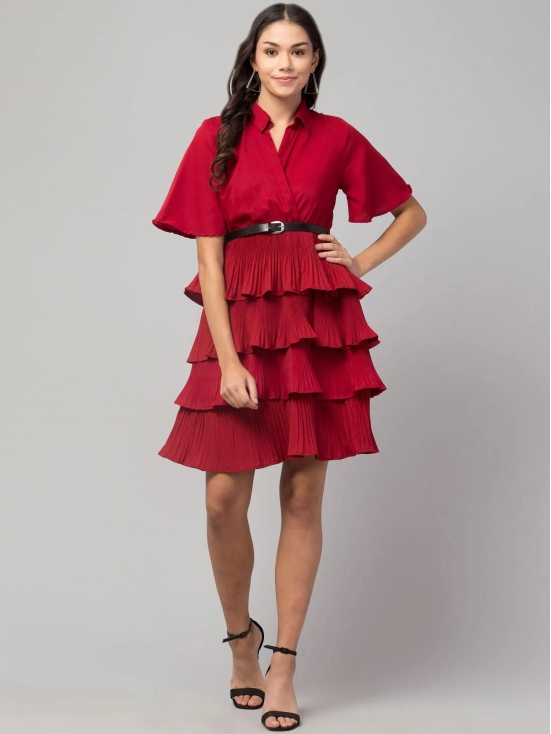 Oceanista Women's Crepe Solid Shirt Collar Flared Red Short Dress-S