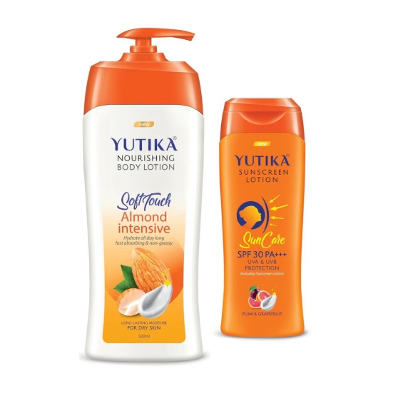 Yuthika Almond Body Lotion 500ml and Sunscreen Lotion SPF 30 PA+++ with UVA & UVB Protection - 300ml