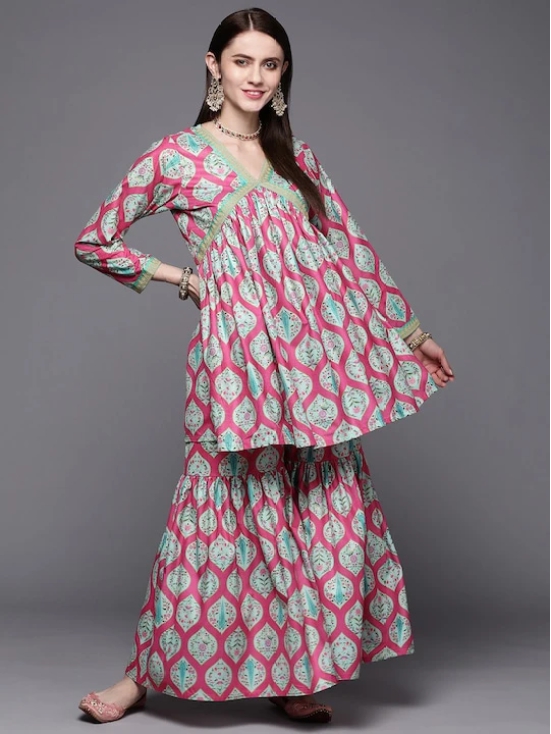 Women Pink Ethnic Motifs Velvet Kurta with Sharara