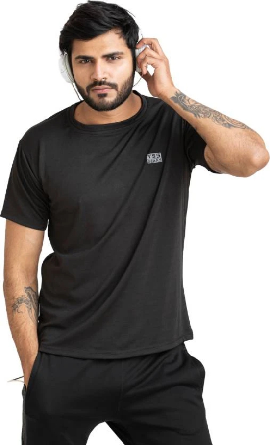 Men Solid Round Neck Polyester Black T-Shirt