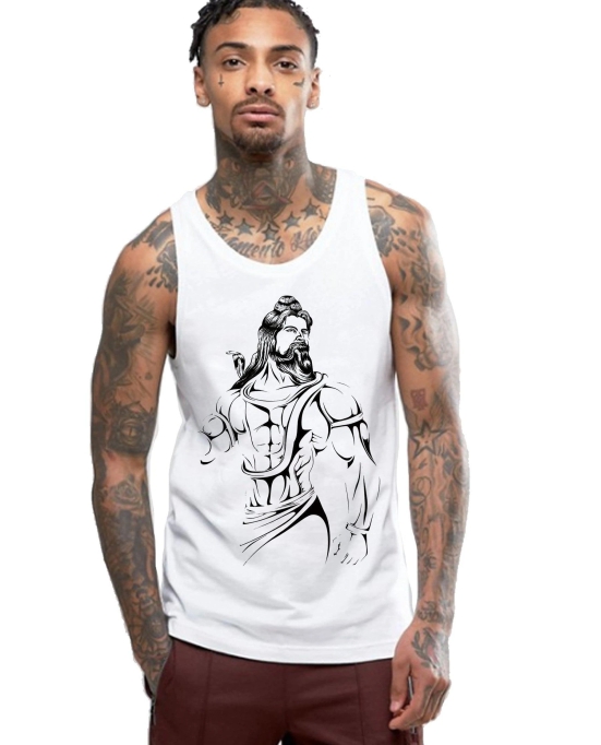 Young Trendz Bio-Wash Cotton SHIV Printed Vest-White / X Large / 100% Bio Wash Cotton