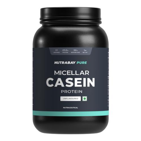 Nutrabay Pure 100% Micellar Casein Protein - 25.9g Protein & 5.5g BCAA, Slow Digesting Anti-Catabolic Protein - 1kg Unflavoured