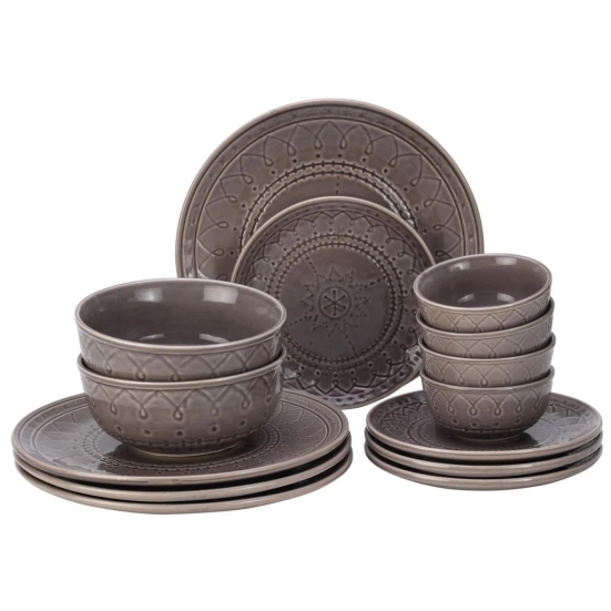 Aadeep Handcrafted Emboss Stoneware Ceramic Dinner Set, 10 Pieces Dish Set Serving for 4, Microwave and Dishwasher Safe, Bone-ash Free, Crockery Set for Dining and Gifting, Ash Grey