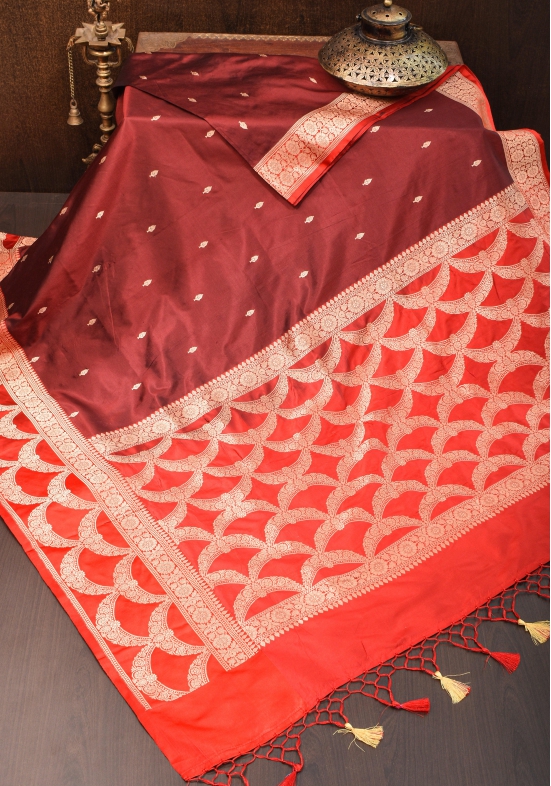 Banarasi Katan Silk Saree in Brown and Red with Zari Buttas & Scalloped border | SILK MARK CERTIFIED