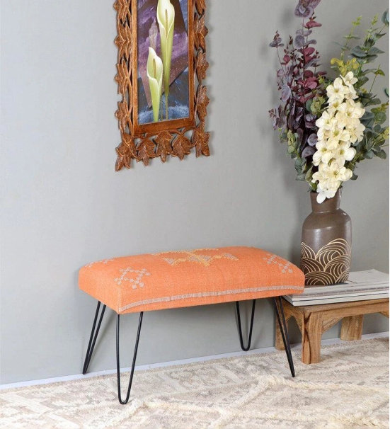 Mango Wood Bench In Cotton Orange Colour With Metal Legs-Orange