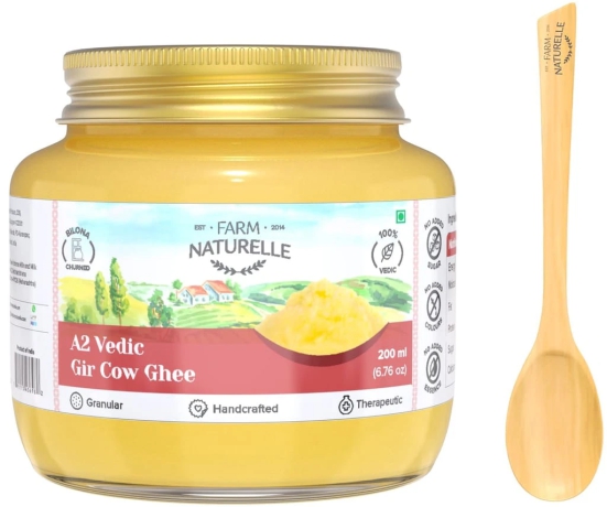 Farm Naturelle A2 Pure Gir Cow Ghee 200ml + 50ml Extra In Glass Bottle | Extra Engraved Virgin Wooden Spoon| 100% Desi Gir Cow Ghee | Vedic Bilona Method-Curd Churned-Golden | Lab Tested Grainy & Aromatic, Keto Friendly | Non-GMO Grassfed, Premium & Tradi