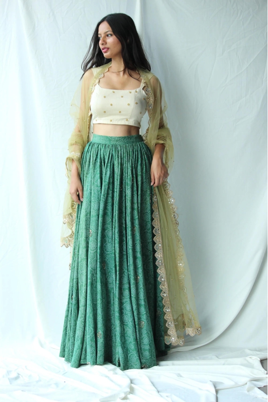 Beige And Green Floral Lehenga