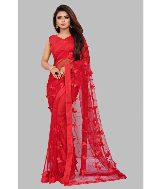 Gazal Fashions - Red Net Saree With Blouse Piece ( Pack of 1 ) - Red