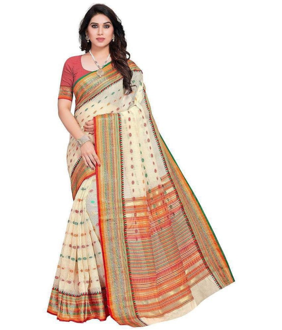 Rangita Women Small Checks Woven Cotton Silk Saree with Blouse Piece - Cream - Cream