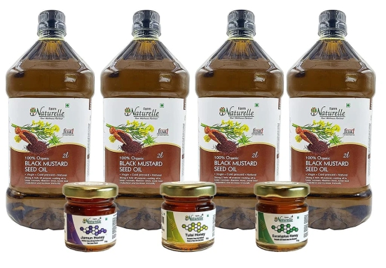 Farm Naturelle Organic Mustard Oils. The Finest-FSSAI & Certified Organic Cold Pressed Virgin (Kachi Ghani) Mustard Cooking Oil (2 LTR X 4 ) +3, 55g Honey