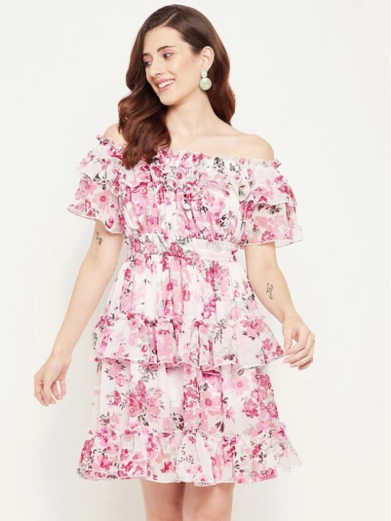 Floral Print Off-Shoulder Flared Sleeve Georgette Fit & Flare Dress