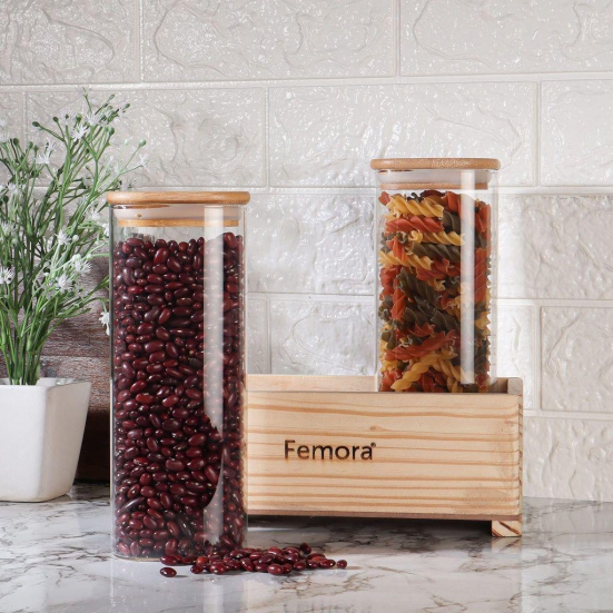 Femora Borosilicate Glass Jar 1000 ML, 2 pcs, with Wooden Tray