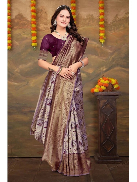 Om Shantam Sarees Kanjivaram Silk Woven Saree With Blouse Piece - Lavender ( Pack of 1 ) - Lavender