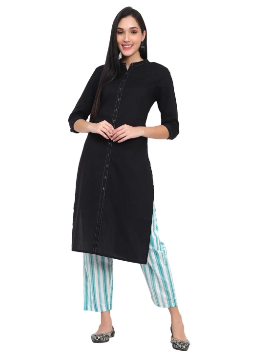 Black Cotton Kurta Blue Striped Pants Kurta-L