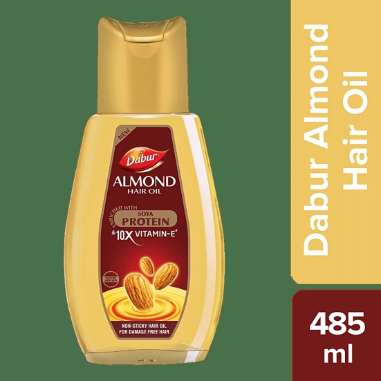 Dabur Almond Hair Oil - With Keratin Protein, Soya Protein & 10X Vitamin E, 485 Ml