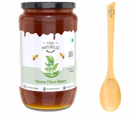 Farm Naturelle Neem Forest Flower Wild Honey 1.45kg |100% Pure Honey | Raw & Unfiltered|Unprocessed|Lab Tested Honey In Glass Jar with Engraved Virgin Wooden Spoon