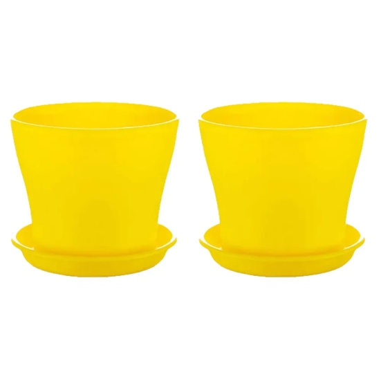 Coloured Plastic Flower Pots with Base Plate | Set of 2 Yellow